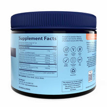Dark container with blue screw-on lid and light blue label displaying supplement facts, ingredients, and product certificatio