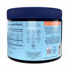 Dark container with blue screw-on lid and light blue label showing supplement facts, ingredients, and product information.