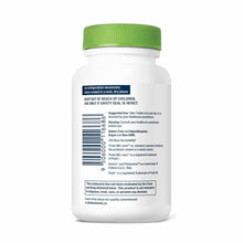 White plastic bottle with green cap containing probiotic supplement tablets with product information and instructions label.