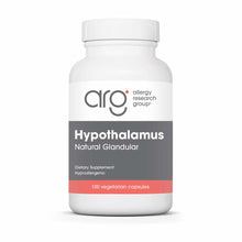 White bottle of Hypothalamus Natural Glandular dietary supplement with gray and coral label, containing 100 vegetarian capsul