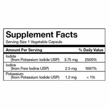 Supplement Facts label showing iodide, iodine, and potassium content per vegetable capsule serving.