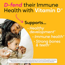 Adult holding baby who is consuming blue probiotic drops against yellow background with product benefits text.
