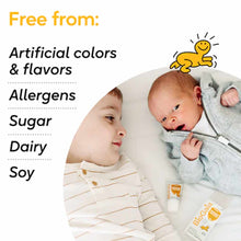 BioGaia probiotic drops bottle displayed next to two infants in light-colored clothing with yellow smiley face graphic.