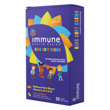 Purple box of Immune Health Basics Kids Soft Chews with colorful geometric shapes and illustrated children on front, 30 count