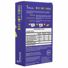Purple box of Immune Health Basics Kids Soft Chews with product information, ingredient list, and supplement facts displayed