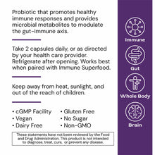 Bottle of Immune μBiomic probiotic capsules with purple label and white icons for immune, gut, whole body, and brain benefits