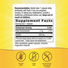 Supplement facts label for Inositol 500 mg capsules with dosage recommendations and ingredients list on yellow background.