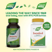 Nature's Way Inositol 500 mg supplement bottles in old and new packaging designs, each containing 100 capsules.