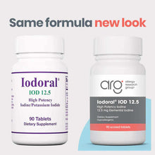 Two white bottles of Iodoral IOD 12.5 mg tablets showing old and new packaging labels side by side.