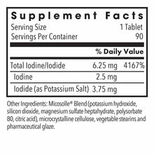 Supplement Facts label showing serving size of 1 tablet, 90 servings per container, with 6.25 mg total iodine/iodide per serv