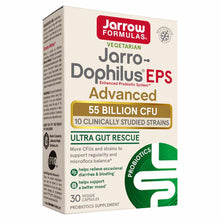 Jarrow Formulas Jarro-Dophilus EPS Advanced probiotic supplement box containing 30 veggie capsules with 55 billion CFU.