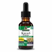 Amber glass dropper bottle of Kava-6 Extract by Nature's Answer with black cap and green label indicating 100mg dosage.