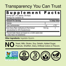 Supplement Facts label for Kava-6 alcohol-free extract showing 100mg kava root per serving with certification badges for Non-