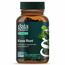 Gaia Herbs Kava Root supplement bottle with green cap containing 60 dark capsules.