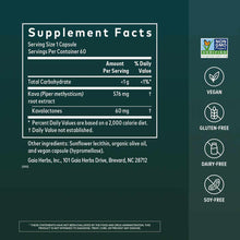 Supplement Facts label for Kava Kava Root by Gaia Herbs showing 576mg kava root extract per capsule with Non-GMO, Vegan, Glut