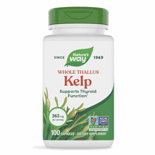 Nature's Way Whole Thallus Kelp dietary supplement bottle with green cap, 100 capsules, 363mg per serving.