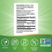 Kelp supplement label showing dosage instructions, supplement facts with iodine and kelp content, and certification icons for