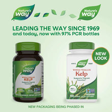 Nature's Way Kelp supplement bottles in dark green and white packaging with green caps, 100 vegan capsules each.