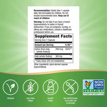 Kelp supplement label showing dosage recommendations, supplement facts with iodine and kelp whole thallus content, and certif