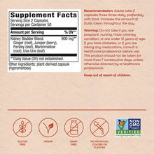 Supplement Facts label for Kidney Bladder blend capsules with ginger, juniper, parsley, marshmallow, and uva-ursi ingredients