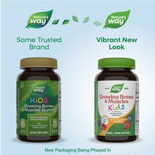 Two bottles of Nature's Way Kids Growing Bones & Muscles Gummies showing old and new packaging designs side by side.