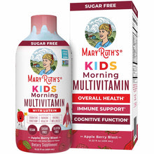 MaryRuth's Kids Morning Multivitamin liquid bottle and box, sugar-free Apple Berry Blast flavor, 15.22 fl oz.
