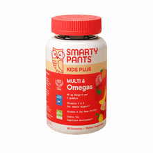 SmartyPants Kids Plus Multi & Omegas bottle with red cap and label containing 60 gummies.