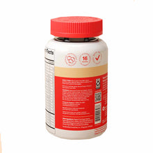 White plastic bottle with red cap containing SmartyPants Kids Plus Multi & Omegas vitamin gummies, showing nutrition facts an