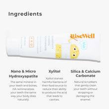 RiseWell PRO Kids Mineral Toothpaste tube with ingredients label and cartoon character design.