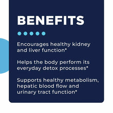Dark blue rectangular card with white "BENEFITS" heading and five blue dots, listing product benefits in white text.