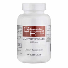 White bottle labeled L-Methylfolate 2125 mcg, 100 Capsules by Cardiovascular Research Ltd., with white cap.