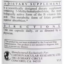 Supplement label showing product information, directions, and manufacturer details for L-Methylfolate dietary supplement.