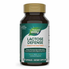Dark bottle with gold cap labeled "Nature's Way Lactose Defense Digestive Enzymes," containing 100 quick-dissolving capsules.