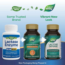 Three bottles of Nature's Way Lactase Enzyme dietary supplement showing old and new packaging designs.