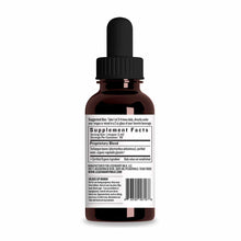 Dark amber dropper bottle with black cap and white supplement label showing usage instructions and ingredient information.