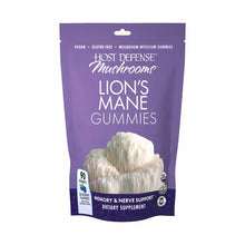 Purple pouch of Host Defense Lion's Mane Gummies with white mushroom imagery and text indicating vegan, gluten-free mushroom