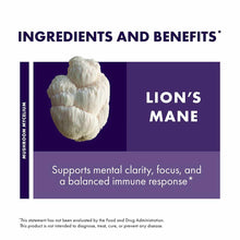 Lion's Mane mushroom mycelium displayed on purple background with ingredients and benefits text.