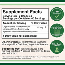 Supplement Facts label for Lion's Mane Mushroom capsules showing 1000mg per serving, ingredients, and GMP certified manufactu