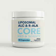 White cylindrical supplement bottle labeled "Liposomal ALC & R-ALA" by Core Med Science containing 90 capsules with white lid