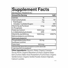 Supplement Facts label showing nutritional information for B12 and B6 liposomal supplement packets with ingredients listed.