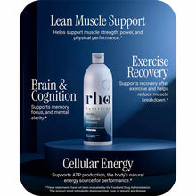 Rho Nutrition liposomal creatine monohydrate bottle on blue platform with benefit text sections.