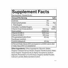 Supplement Facts label showing nutritional information for Liposomal D3+K2+CoQ10 with serving size, ingredients, and daily va