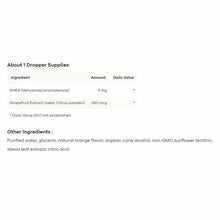 Supplement facts label for NutriDyn Liposomal DHEA showing ingredient amounts including 5mg DHEA and 350mcg grapefruit extrac