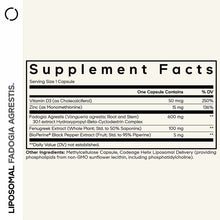 Supplement Facts label for Liposomal Fadogia Agrestis+ showing serving size, ingredients, and daily value percentages.