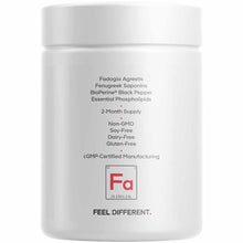 White supplement bottle labeled Liposomal Fadogia Agrestis+ containing fenugreek saponins, BioPerine black pepper, and phosph