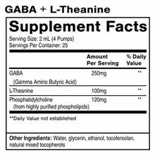 GABA plus L-Theanine supplement facts label showing 250mg GABA and 100mg L-Theanine per 2mL serving.