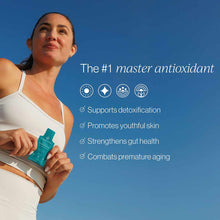 Woman holding a small teal packet against her torso with blue background and product benefit text.