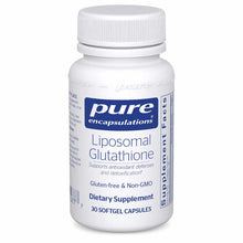 White bottle of Pure Encapsulations Liposomal Glutathione dietary supplement with white cap containing 30 softgel capsules.
