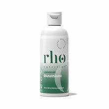 White and green bottle of Rho Nutrition liposomal glutathione dietary supplement, 4 fl oz size.