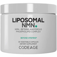 White cylindrical supplement bottle with silver cap labeled "Liposomal NMN" by Codeage, containing 30 vegetable capsules.